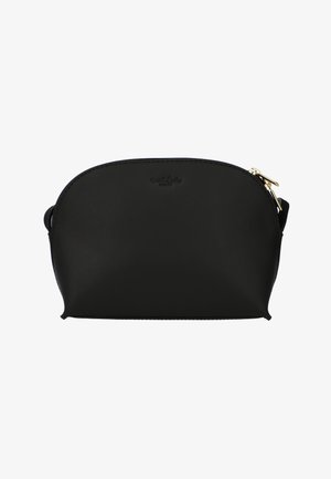 Borsa cosmetica in pelle nera con forma arrotondata, chiusura con zip e hardware in tonalità oro. Texture liscia, design minimalista e senza motivi visibili.