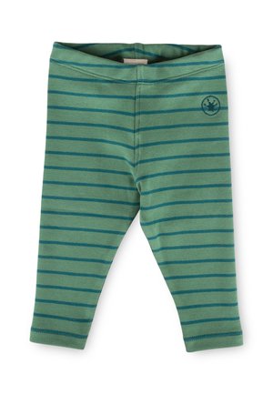 Leggings verts pour bébé avec des rayures horizontales vert foncé et un petit logo circulaire sur la cuisse gauche en haut.