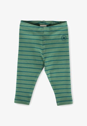 Leggings verdi per bambini con strisce orizzontali verde scuro e un piccolo logo circolare sulla parte superiore della coscia sinistra.