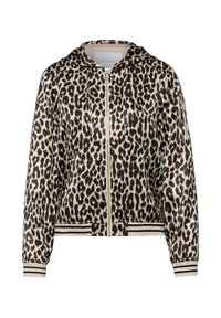 Bomberjacke mit Leopardenmuster aus glänzendem Stoff, mit Kapuze, Reißverschluss sowie gestreiften, gerippten Bündchen und Saum. Verfügt über ein weiches beige-schwarzes Muster.