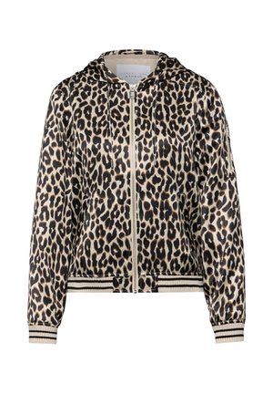 Veste bomber à imprimé léopard en tissu brillant avec capuche, fermeture éclair et poignets et ourlet côtelés rayés. Présente un motif doux beige et noir.