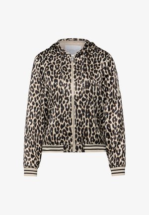 Leopard print bomber jacket in glossy fabric with a hood, zip closure, and striped ribbed cuffs and hem. Features a soft beige and black pattern.