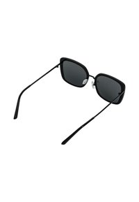 Black rectangular sunglasses with dark lenses, slim black metal arms, and clear silicone nose pads for comfort.