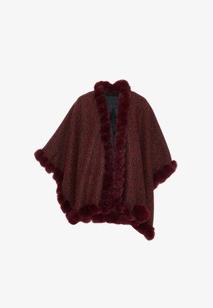 Burgundy-teksturoitu huivi tekoturkistimalla. Auki oleva malli, leveät hihat ja pehmeä vuori, jossa on hienovarainen kudontakuosi läpi.