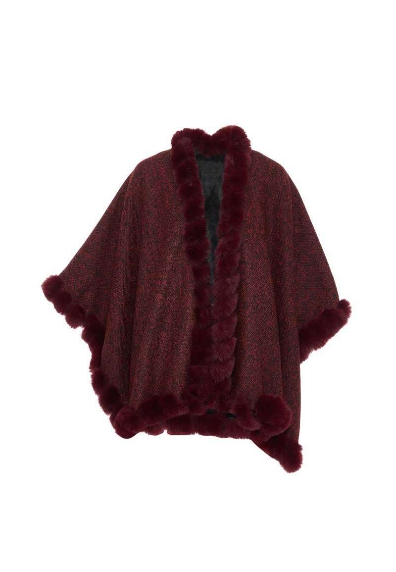 Burgunderfarbene Textur-Wickeljacke mit Kunstfellbesatz. Offenes Design, weite Ärmel und ein weiches Futter, das ein dezentes Gewebe-Muster aufweist.
