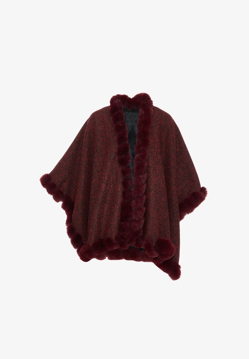 Burgunderfarbene Textur-Wickeljacke mit Kunstfellbesatz. Offenes Design, weite Ärmel und ein weiches Futter, das ein dezentes Gewebe-Muster aufweist.