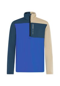 Pullover mezza zip in blu, navy e beige. Realizzato in tessuto liscio. Presenta un colletto alto e accenti sulle spalle in colori a contrasto.