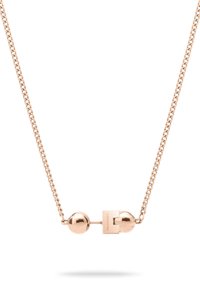 Roséguld kedja halsband med två polerade sfäriska pärlor kopplade av en märkes-kvadratisk spänne graverad med "Liebeskind."