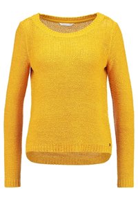 Gul stickad tröja med långa ärmar, rundad halsringning och ribbad nederkant. Har en strukturerad tyg och en liten logodetalj längst ner.