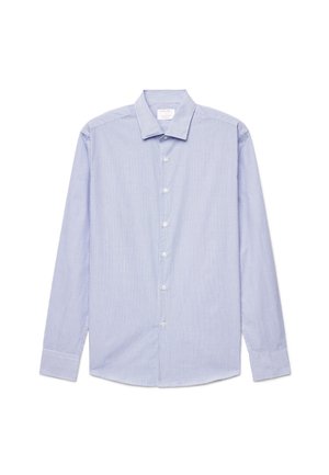 Long-sleeve light blue dress shirt with small checkered pattern, button front, and pointed collar, laid flat on white background.