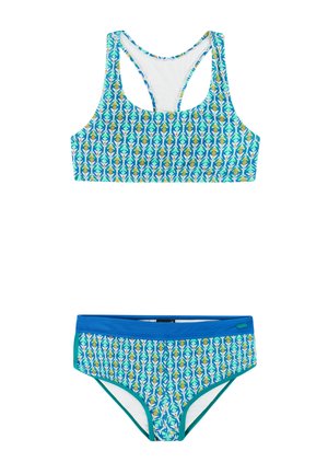 Tweedelig badpak met blauw, turquoise en geel geometrisch patroon, racerback top en hooggesneden broekje met blauwe tailleband.