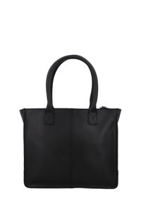 Czarna skórzana torba typu tote z dwoma zaokrąglonymi uchwytami, prostokątnym kształtem, płaskim designem i widocznymi akcentami przeszycia. Zamek błyskawiczny u góry.