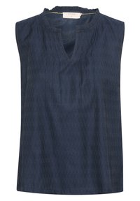 Marinblå ärmlös topp med V-ringning och volangkrage, med vertikal textur och subtila veck fram.
