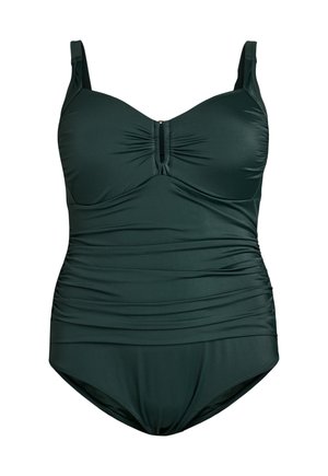 Donkergroene eendelige badpak met verstelbare bandjes, geraffineerde textuur op het lijfje en een keyhole-detail aan de voorkant in het midden.
