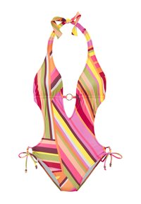 Bunt bedruckter Badeanzug mit tiefem V-Ausschnitt, Halterneck-Bindung und seitlichen Tiefelementen. Er zeichnet sich durch kräftige vertikale Streifen in Pink, Orange und Grün aus.