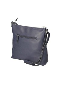Navyblaue Leder-Crossbody-Tasche mit strukturierten Oberflächen, verstellbarem Gurt, vorderer Reißverschlusstasche und oberem Reißverschluss. Kompakte und funktionale Gestaltung.