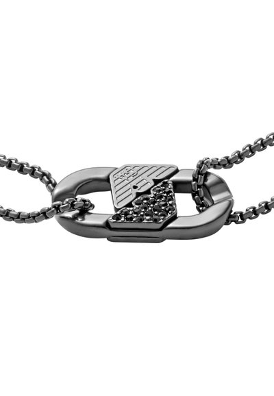 Black metal chain necklace featuring a large interlocking link, adorned with a textured triangle and black crystal accents.