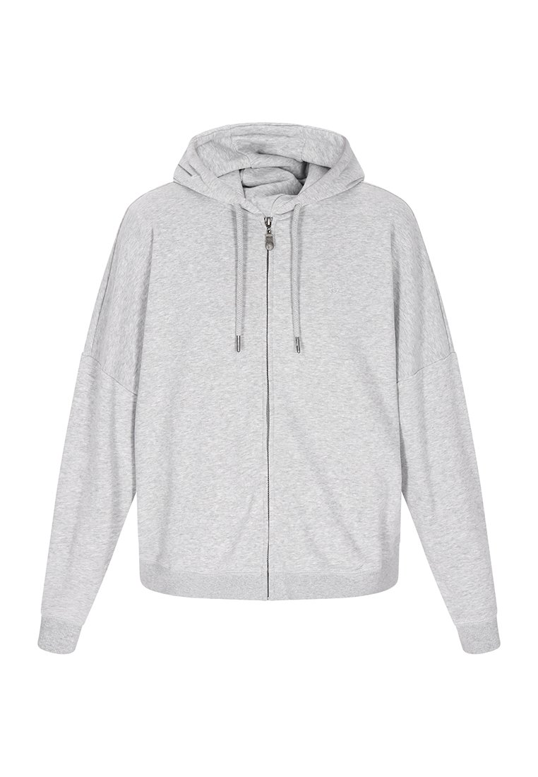 Hellgrau zip-up Kapuzenpullover mit langen Ärmeln, Frontreißverschluss, Kordelzügen und Kapuze, auf einem weißen Hintergrund präsentiert.