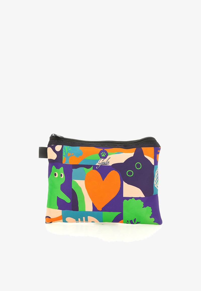 Piccola pochette con cerniera con volti di gatti astratti colorati, alberi verdi, cuore arancione e motivi di lisca di pesce su sfondo viola.