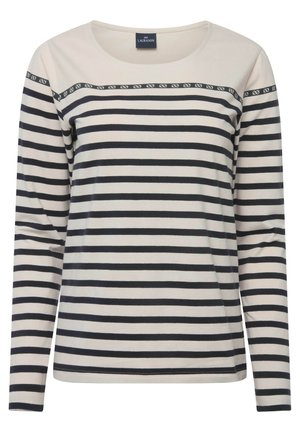 Camisa de manga larga a rayas en color crema y azul marino, con rayas horizontales y una banda decorativa en el escote. Tejido suave.