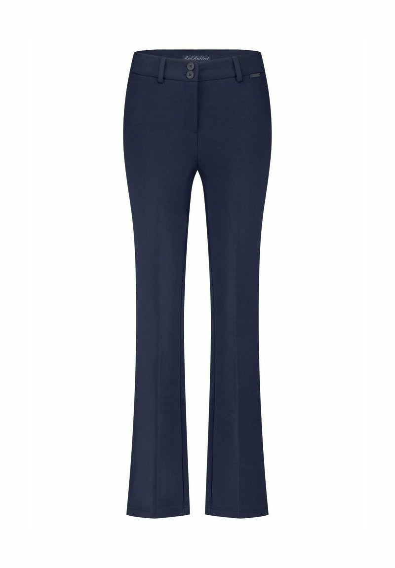 Navy blue broeken met een fitted taille, twee knopen sluiting en een uitlopende pijpdesign. Gemaakt van een gladde, middelzware stof.