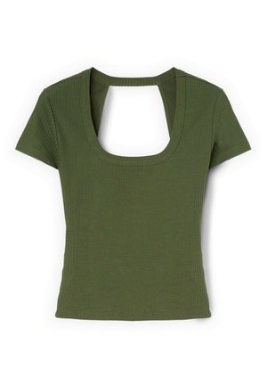 Short-sleeve olive green ribbed top with a wide square neckline and an open back cutout below the collar.