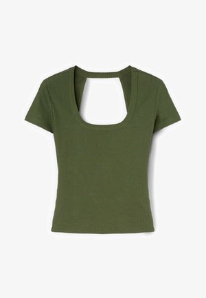 Short-sleeve olive green ribbed top with a wide square neckline and an open back cutout below the collar.