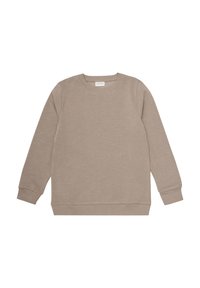 Sweatshirt beige en tissu doux, avec un col rond, des manches longues et des bords côtelés au niveau des poignets et de l'ourlet. Design simple et minimal.