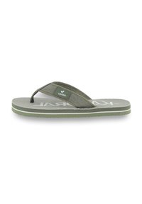 Tongs vertes avec une semelle intérieure texturée, une bride en tissu et un logo blanc subtil. Dotées d'une semelle contrastante verte et d'un design léger.