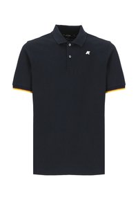 Polo navy in cotone, con colletto, maniche corte con strisce multicolore e un piccolo logo sul petto.