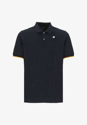 Polo navy in cotone, con colletto, maniche corte con strisce multicolore e un piccolo logo sul petto.