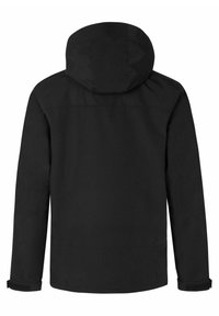 Czarna wodoodporna kurtka z kapturem, z długimi rękawami i regulowanymi mankietami, gładka w dotyku, bez widocznych wzorów ani akcentów.