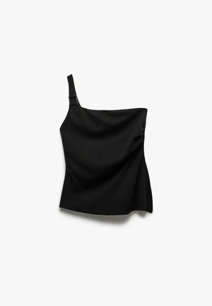 Asymmetrisk sort top med én strop, lavet af glat stof, med draperede detaljer på siden for at tilføre tekstur.