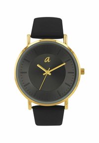 Zwarte wijzerplaat met gouden uur-, minuten- en secondewijzers, gouden kast en zwarte band, toont de tijd als 10:10:35.