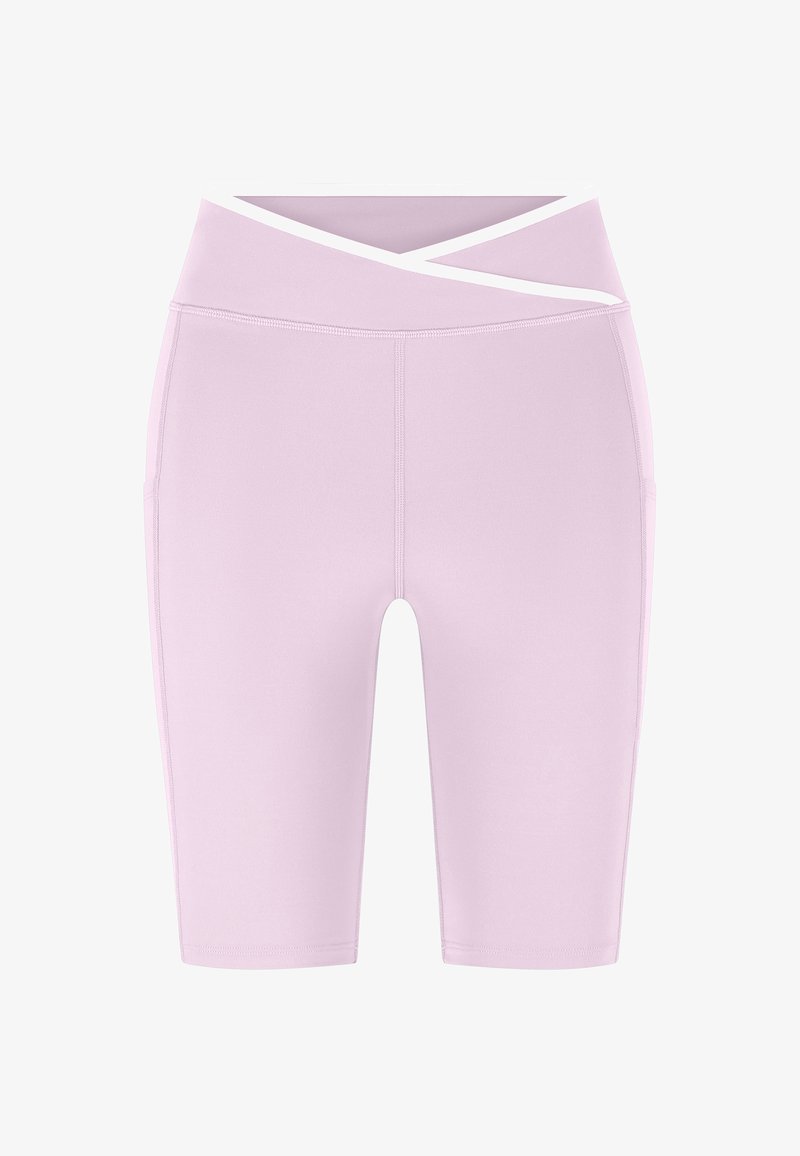 Hellviolette, hoch taillierte Biker-Shorts mit gekreuztem Bund und Seitentaschen, entwickelt für Sportbekleidung.