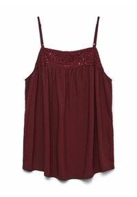 Bordeaux tanktop met verstelbare spaghettibandjes, met een gehaakt kantinzetstuk bij de buste en een losse, vloeiende silhouette.