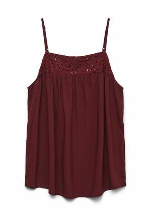Débardeur bordeaux avec des bretelles spaghetti réglables, présentant un empiècement en dentelle crochetée au niveau de la poitrine et une silhouette ample et fluide.