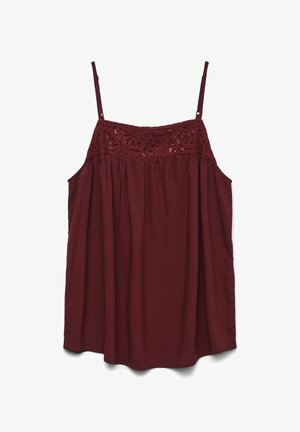 Débardeur bordeaux avec des bretelles spaghetti réglables, présentant un empiècement en dentelle crochetée au niveau de la poitrine et une silhouette ample et fluide.