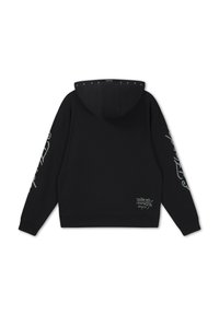 Schwarzer Kapuzenpullover mit silberfarbenen Schriftzügen auf den Ärmeln, Nieten am Kapuzenrand und kleinem "Don Ed Hardy designs"-Logo am unteren Rücken.