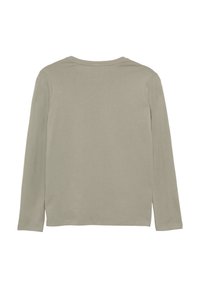 Beige Langarmhemd von hinten gezeigt, mit Rundhalsausschnitt und einfacher Naht.