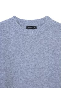 Helles graues Strickpullover mit geripptem Rundhalsausschnitt und einem kleinen schwarzen Etikett mit der Aufschrift "CALLIOPE S" innen am Kragen.