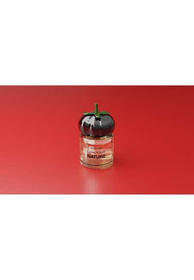 Henrik Vibskov L’Eau Rouge natuur parfumfles met een rode tomaatvormige dop op een rode ondergrond.