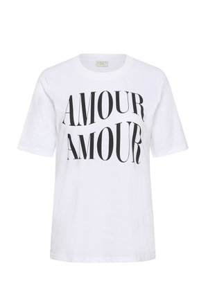 Biele bavlnené tričko s veľkým čiernym potlačeným nápisom "AMOUR AMOUR." Krátke rukávy a okrúhly výstrih.