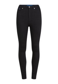 Vaqueros skinny de tiro alto en negro, hechos de mezclilla, con cinco bolsillos, cremallera frontal y cierre de botón, con detalles de herrajes mínimos.