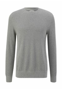 Grauer Strickpullover mit Rundhalsausschnitt, langen Ärmeln, gerippten Bündchen und Saum; durchgängig strukturiertes Muster, leichtes Material.