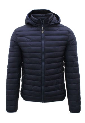 Giacca trapuntata blu navy con cappuccio, cerniera anteriore e tasche laterali con cerniera, progettata per il freddo.