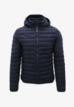 Giacca trapuntata blu navy con cappuccio, cerniera anteriore e tasche laterali con cerniera, progettata per il freddo.