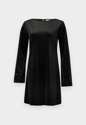 Mustast, pehmest sametisest kangast pikkade varrukatega kleit, ümmarguse kaelusega ja tagumise kinnitusega. Lihtne, hästiistuv A-lõikega siluett.