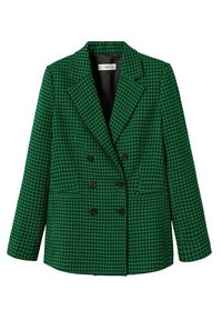 Blazer à motif pied-de-poule vert avec devant à double boutonnage, boutons noirs, revers crantés, et deux poches latérales. Tissu texturé.