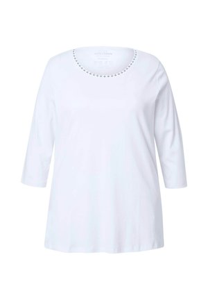 Weißes Langarmhemd mit runder Ausschnittöffnung, verziert mit kleinen metallischen Nieten. Der Stoff ist glatt, leicht locker sitzend und lässig im Stil.